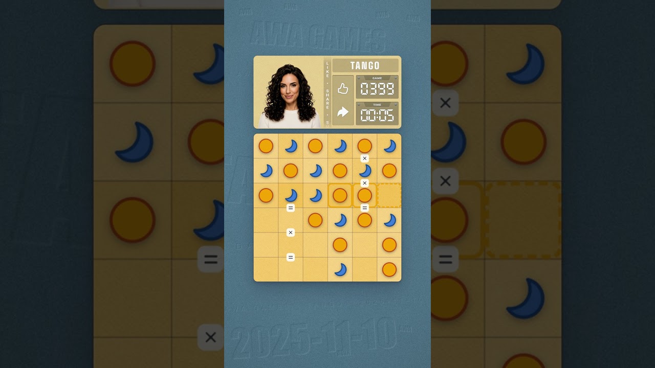 LinkedIn Tango #399 solved board for November 10, 2025, 6x6 grid