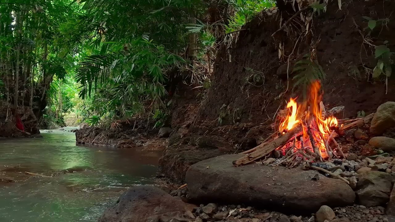 Bonfire by the river - the sound of blowing fire and the splash of river water in nature