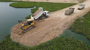 Incredible Processing Build a New Road Across big Lake Working Dozer Dump Truck Spreading Dirt