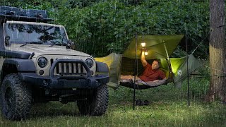 LAYFLAT Hammock Tent camping in the RAIN [ Cozy, Relaxing SOLO trip ]