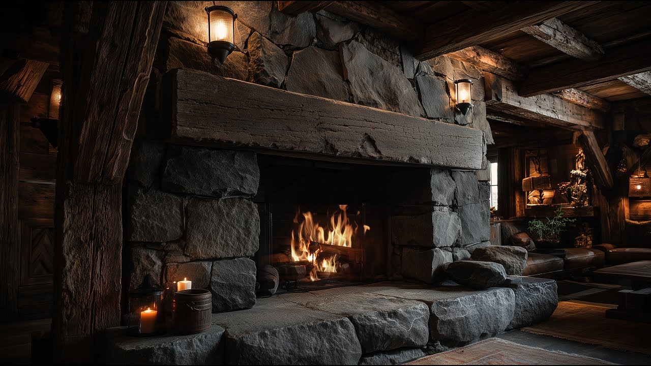 Cozy Fireplace 🔥 Luxury Stone Cabin | Real Crackling Fire | 4K | 3 Hours