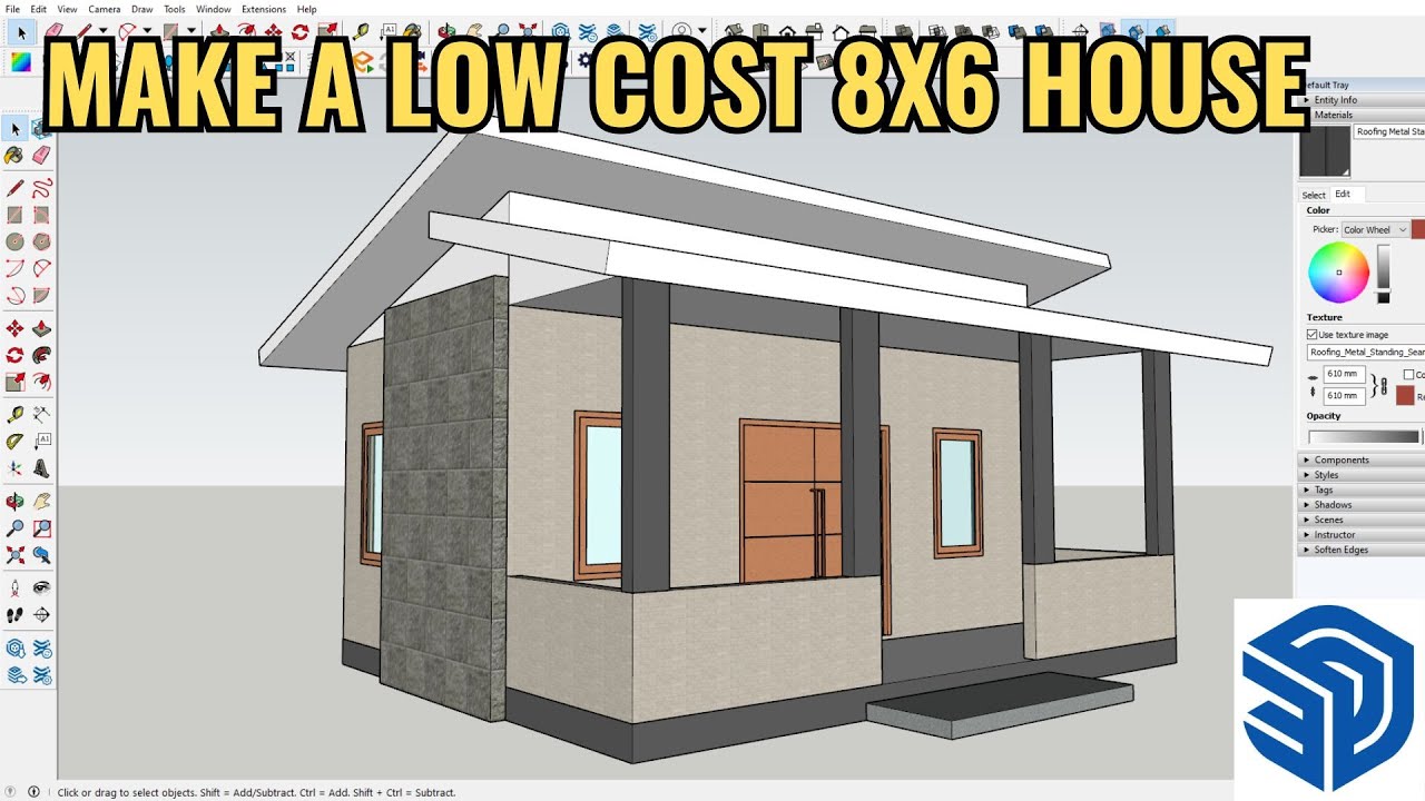 Sketchup house tutorial How to make a low cost house 8x6 meters - YouTube