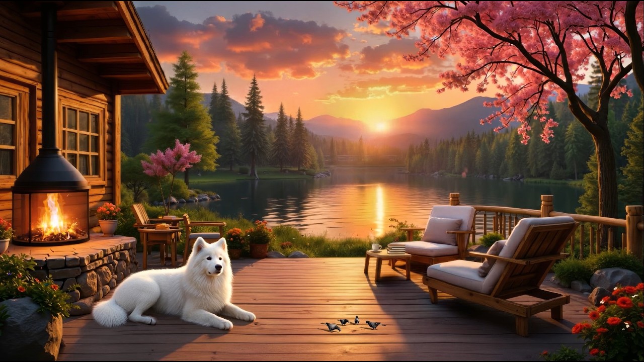 Relaxing Piano with Calm Spring Ambiance 🌸🎧 Coffe, Fireplace, Lake, Bird & Quiet Comfort (2H)