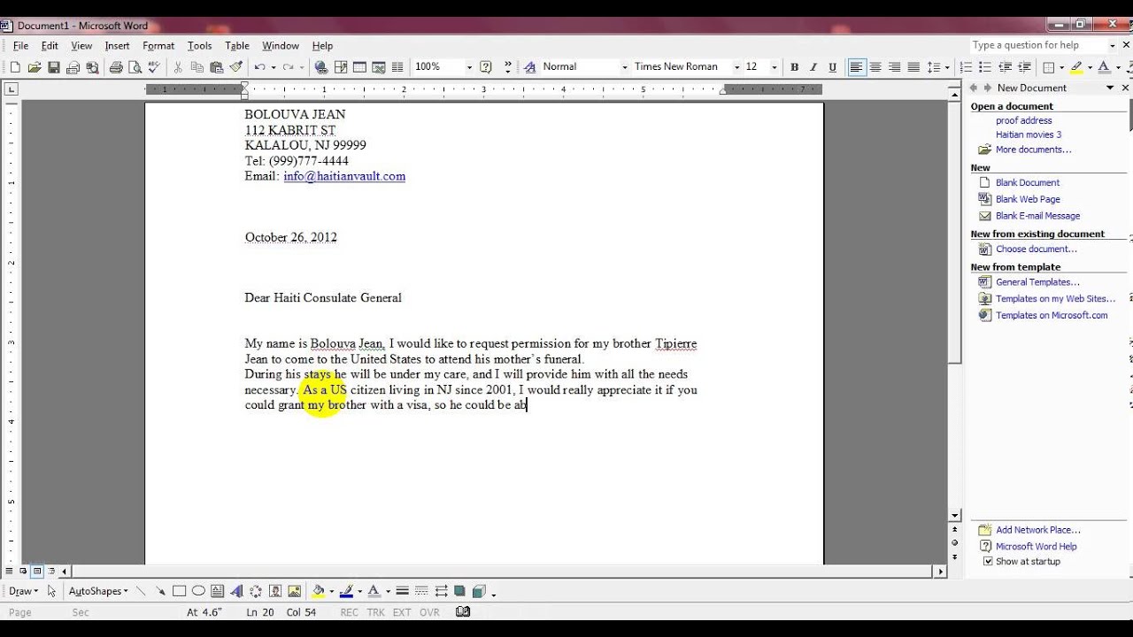 Letter to US consulate for your relative abroad to attend funeral in the US  - Creole