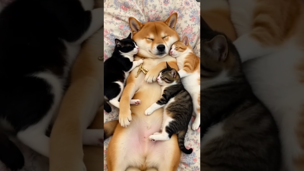 Adorable nap time: puppy cuddles two kittens!