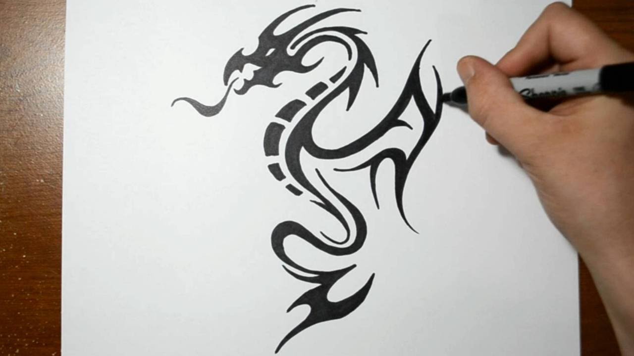 How to Draw a Tribal Dragon Tattoo Design - Sketch 5 - YouTube