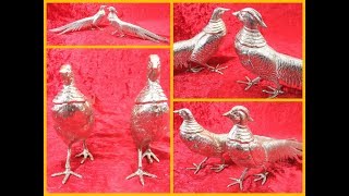 Vintage Spelter Metal Pair Pheasant Bird Figurines Statues Cock & Hen Silvertone