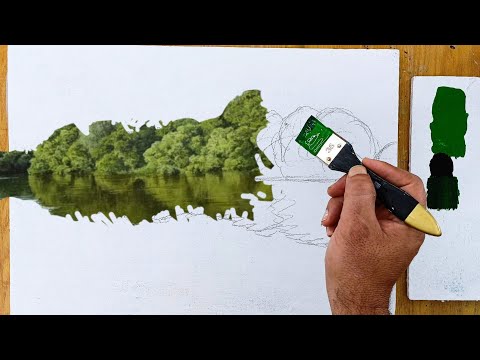 Видео: Акриловые краски/рисунок реки и далеких деревьев/пейзажи