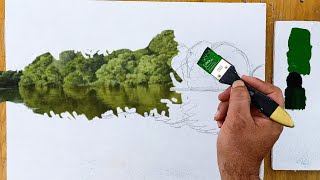 Акриловые краски/рисунок реки и далеких деревьев/пейзажи