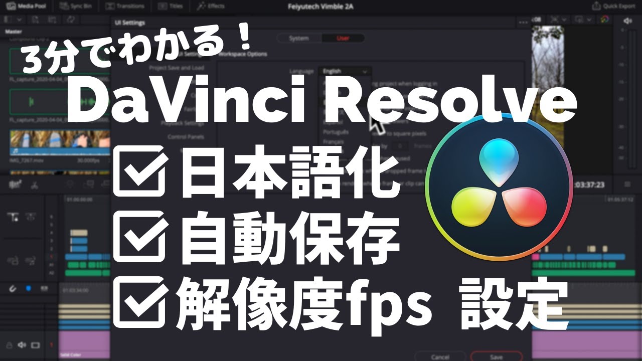 Davinci Resolveをインストールしたら最初にすべき３つの設定 日本語化 解像度とフレームレート 自動保存とバックアップ Youtube