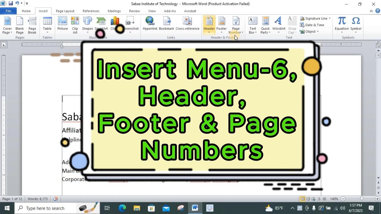 18. Insert Menu- 7, Header, Footer, Page Number - YouTube