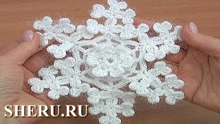 картинка: Crochet 3D Snowflake Урок 22 часть 1 из 2 Снежинка вязаная крючком