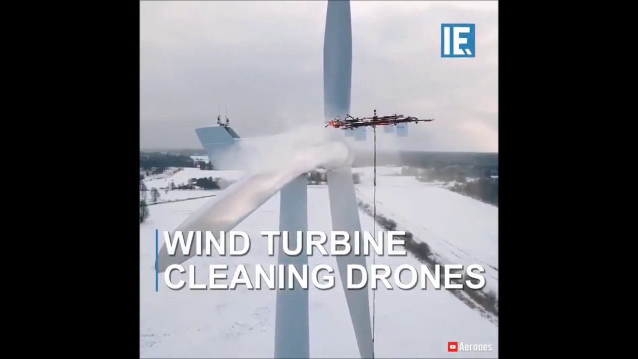 drone with waterjet on a wind turbine