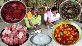 MUTTON CURRY And GOAT BLOOD FRY cooking&eating by our grandmother||rural life India