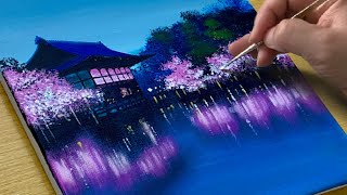 How to Draw Cherry Blossom Night Scenery / Acrylic Painting