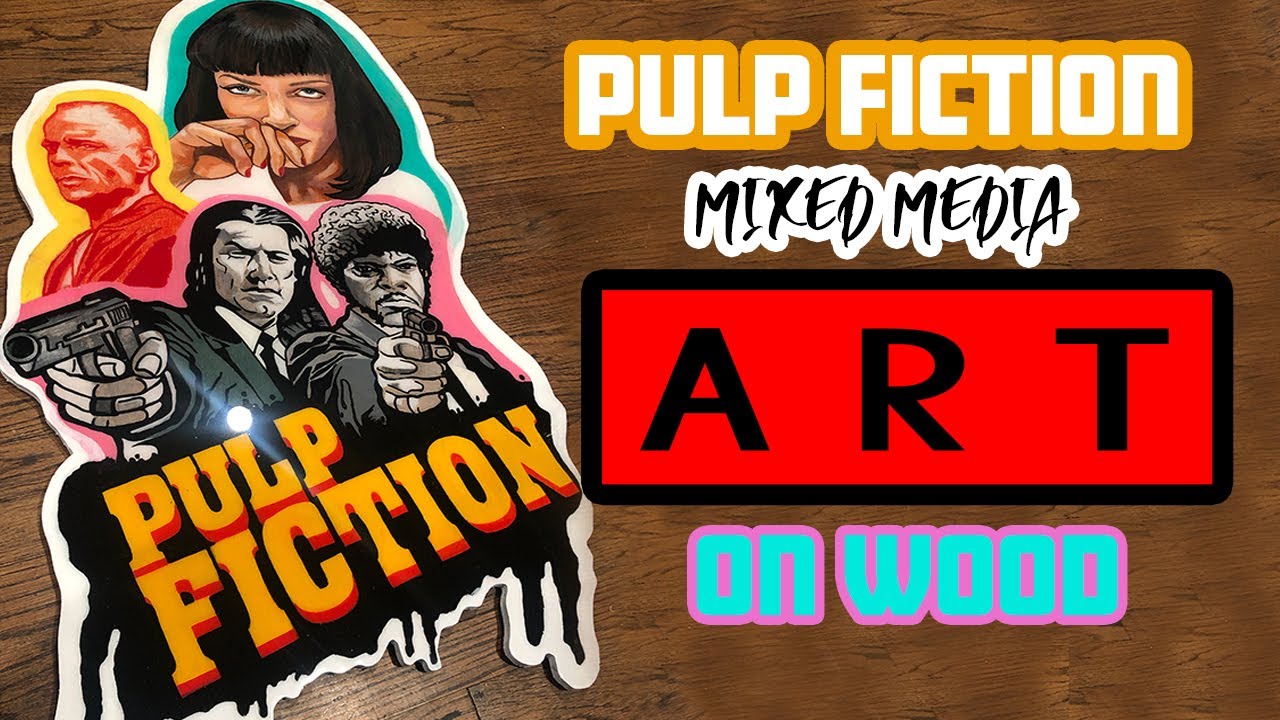 Pulp Fiction Mixed Media Fine Art : Colored Pencil, Marker, Paint, and resin on Wood Cut Out