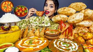 ASMR Eating Spicy Street Samosa,Poori,Paneer Butter Masala Indian Street Food ASMR Eating Mukbang