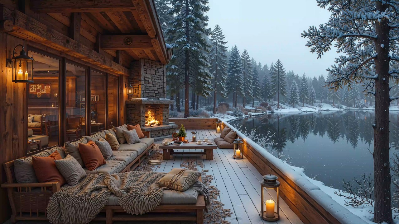 Smooth Winter Jazz for Relaxation ❄️ Cozy Porch Fireplace Ambience with Gentle Snowfall, Fireplace