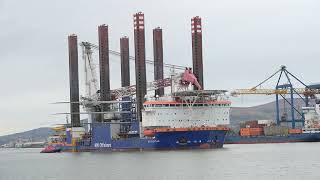 Offshore installation vessel MPI Adventure leaving Belfast on 13th March 2024.