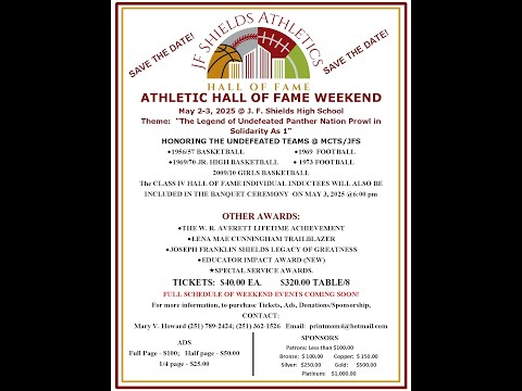 J F SHIELDS HIGH SCHOOL ATHLETIC HALL OF FAME WEEKEND *****MAY 2-3 2025 6PM SAVE THE DATE