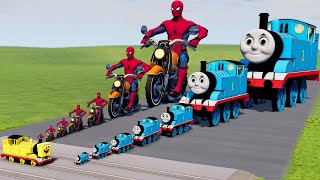 Big \& Small Spider-Man on Motorcycle vs Thomas the Tank Engine vs SpongeBob the Train | BeamNG.Drive