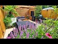 Small family garden with oak pergola terrace and generous dining and seating area