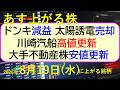 ドンキは減益。太陽誘電の大量売却。川崎汽船が高値更新。大手不動産株は安値更新。～あす上がる株　2026年８月１９日（水火）に上がる銘柄。最新の日本株情報。高配当株の株価やデイトレ情報