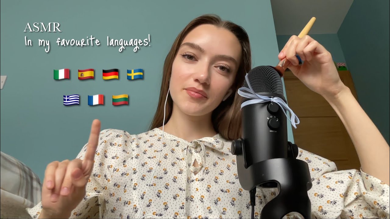 ASMR introducing myself in my favourite languages! Clicky whispers + Mic brushing
