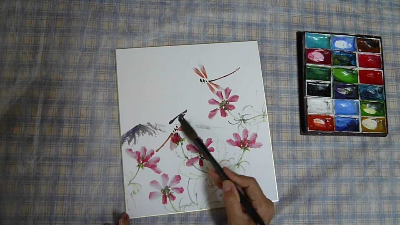 水墨画 Sumi E 赤とんぼとコスモスの描き方動画 Youtube