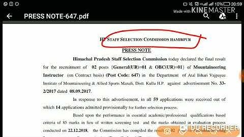 HPSSC Mountaineering Instructor ( Post Code - 647 ) Final Result Declared | Held on -  22 Dec 2018|