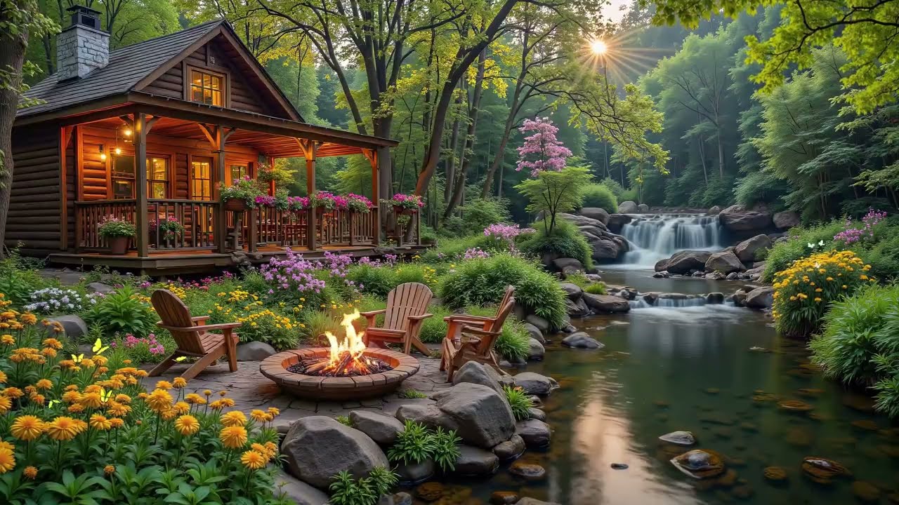 Campfire by the River Cabin 🌿 Birdsong, Fire Crackles & Soothing Music for Deep Sleep, Heal the Mind