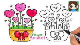 How to Draw a Basket of Heart Flowers  Mother's Day Art