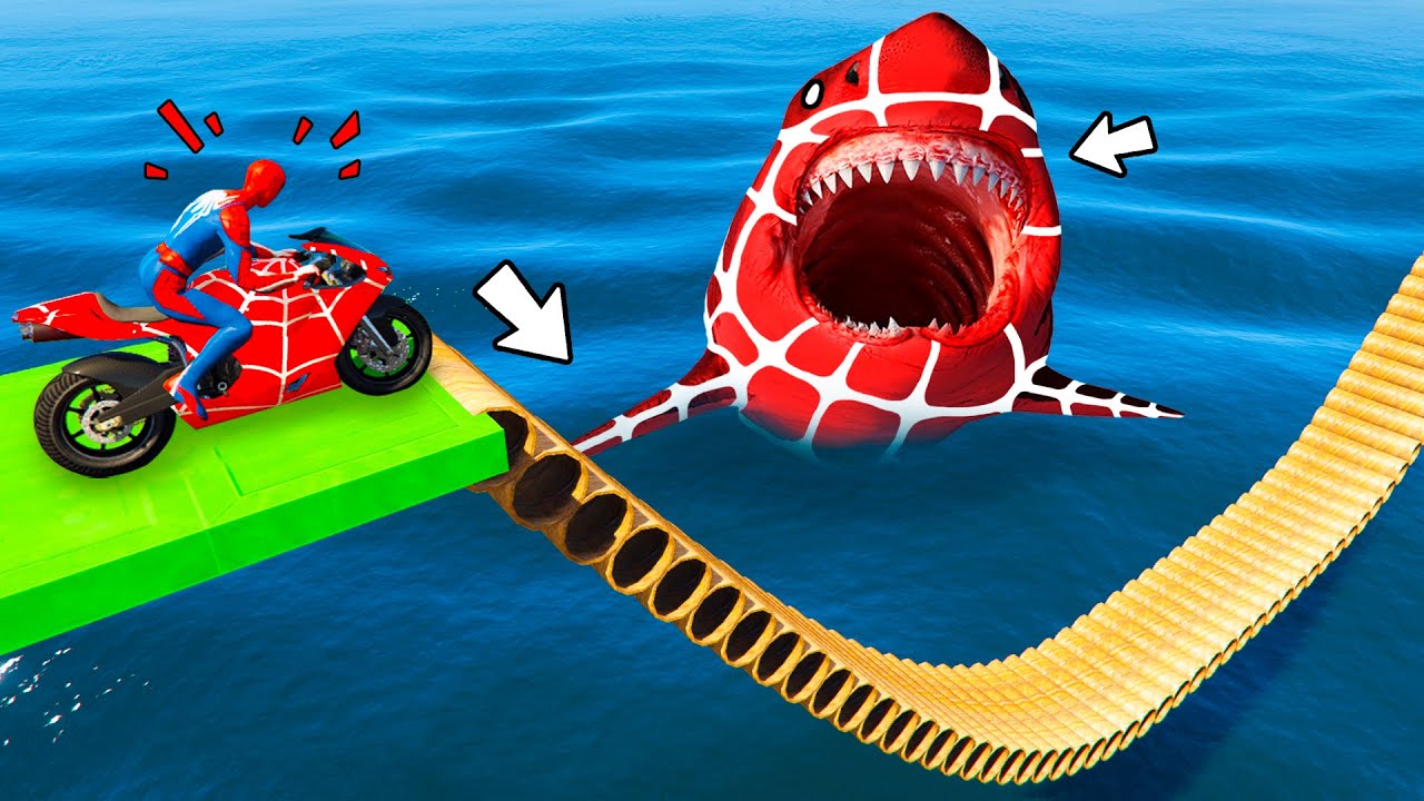 SPIDER SHARK vs SPIDERMAN in TUBE BRIDGE on Motorcycle | GTA MULTIVERSE