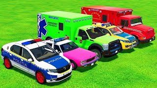 POLICE CARS DACIA, CHEVROLET, VOLKSWAGEN & AMBULANCE FORD TRANSPORTING WITH MAN TRUCKS! FS 22