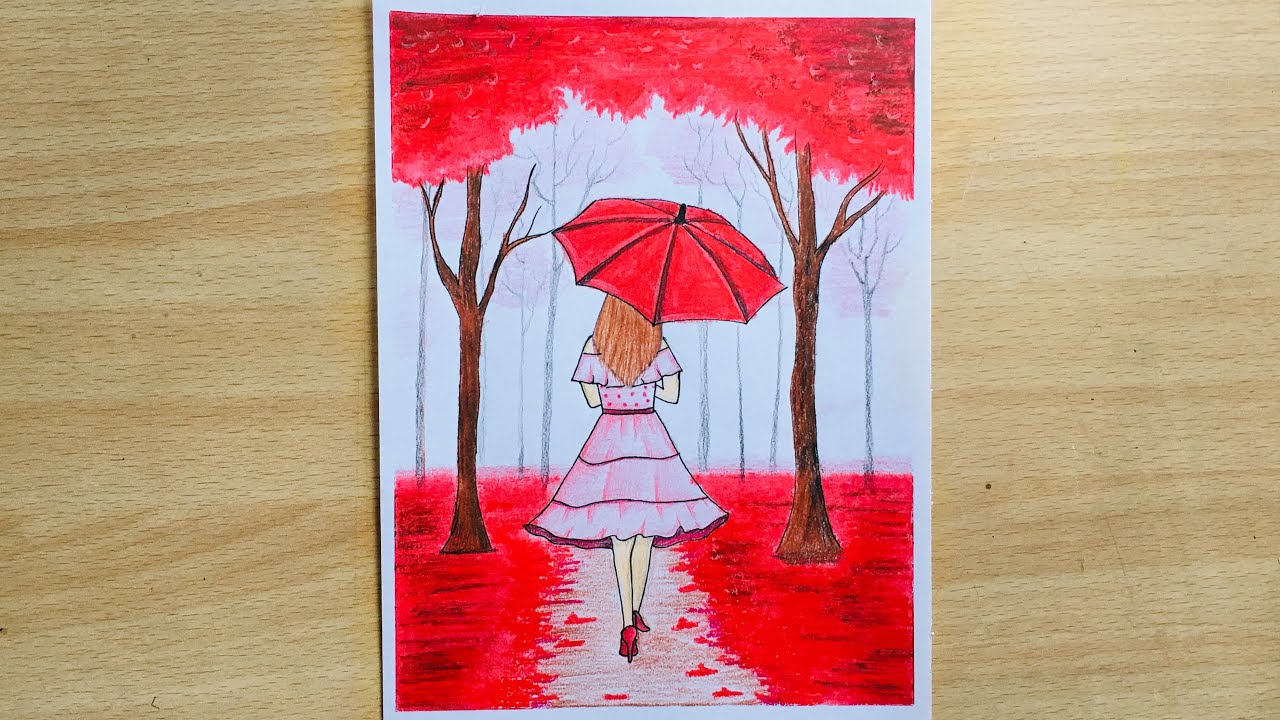 Girl with Umbrella Scenery  / Red  Oil Pastel Drawing / Alone Girl