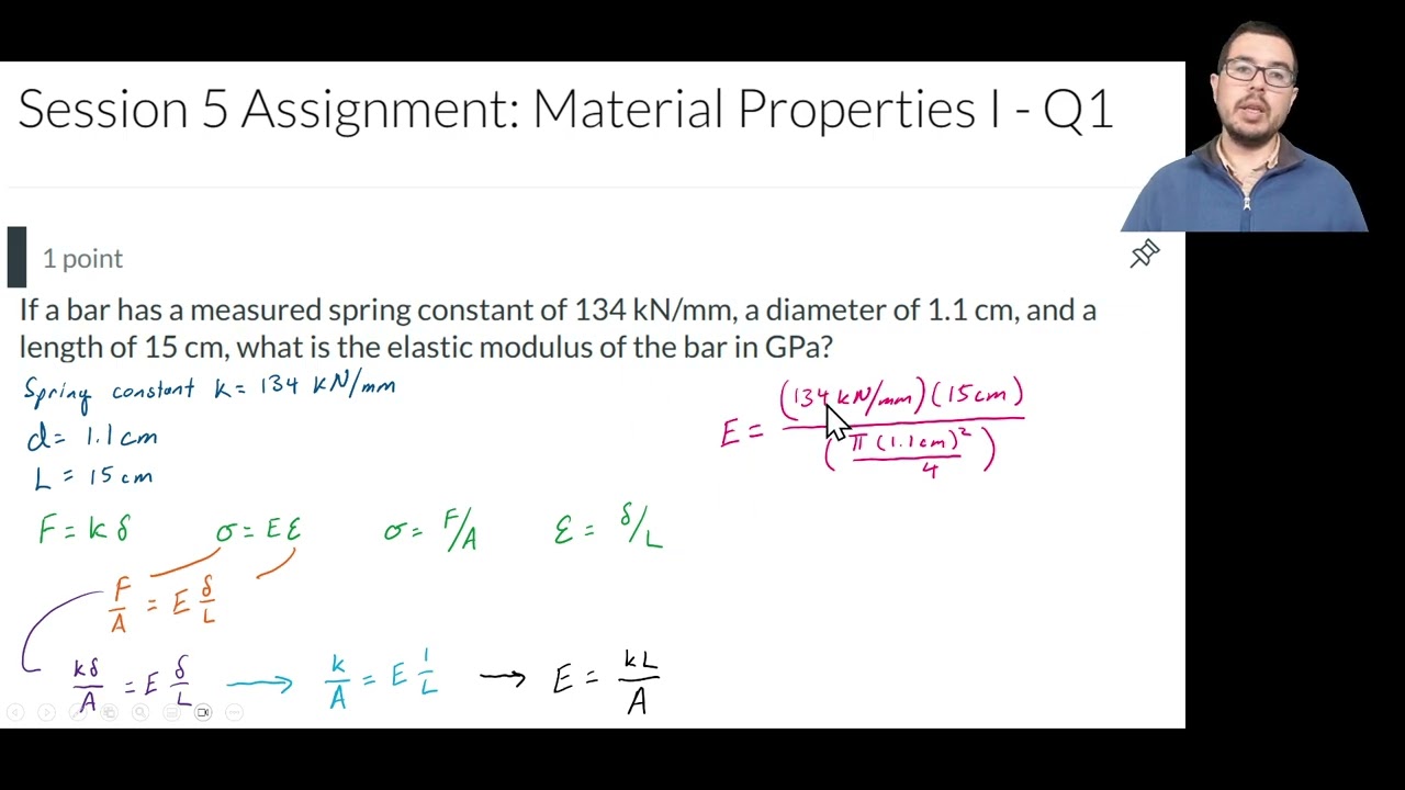 Material Properties - Calculating the Elastic Modulus from Given Stiffness, Diameter, and Length