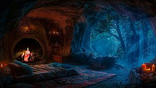 Hiding In A Cozy Cave Room On Stormy Night ⛈ Heavy Rain, Thunder with Fireplace Sound for Sleeping