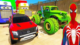 Spiderman Cars Monster Trucks Mega Ramp Jump Challenge ! Superheroes Hulk Fire Truck On Lake - Gta V