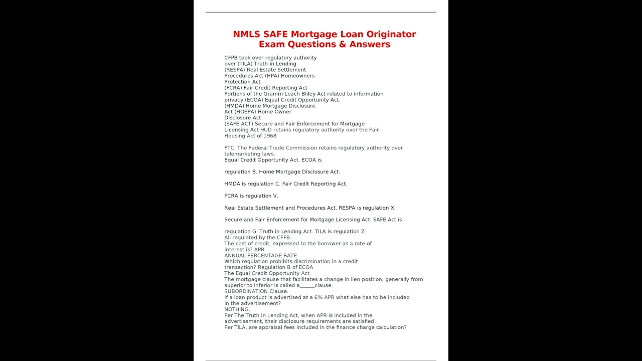 NMLS SAFE Mortgage Loan Originator Exam Questions & Answers