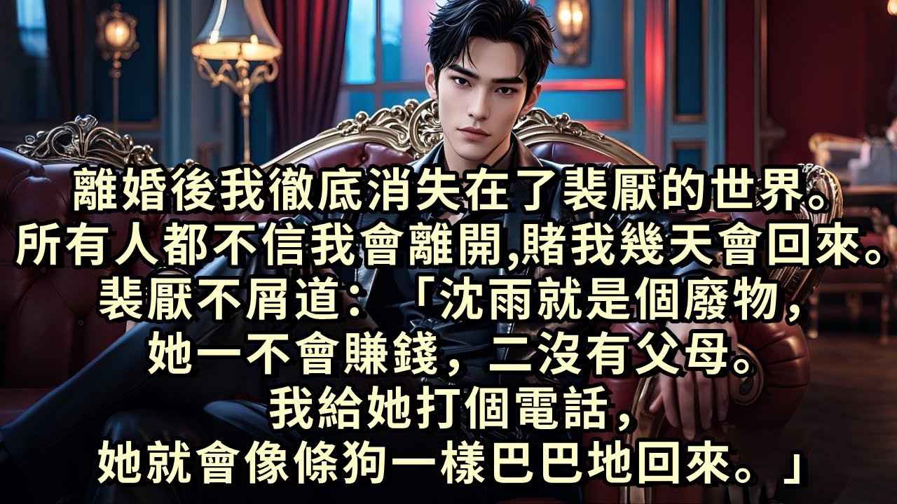 離婚後我徹底消失在了裴厭的世界。所有人都不相信我會離開，賭我幾天會回來。裴厭不屑道。沈雨就是個廢物，她一不會賺錢，二沒有父母。我給她打個電話，她就會像條狗一樣巴巴地回來。#小説 #爽文 #故事