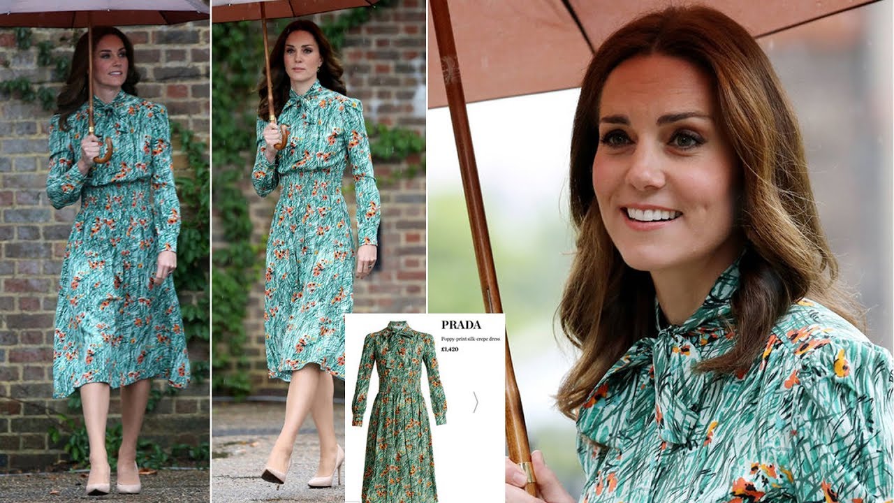 Kate wears £1420 Prada pussybow dress to Diana memorial garden - YouTube