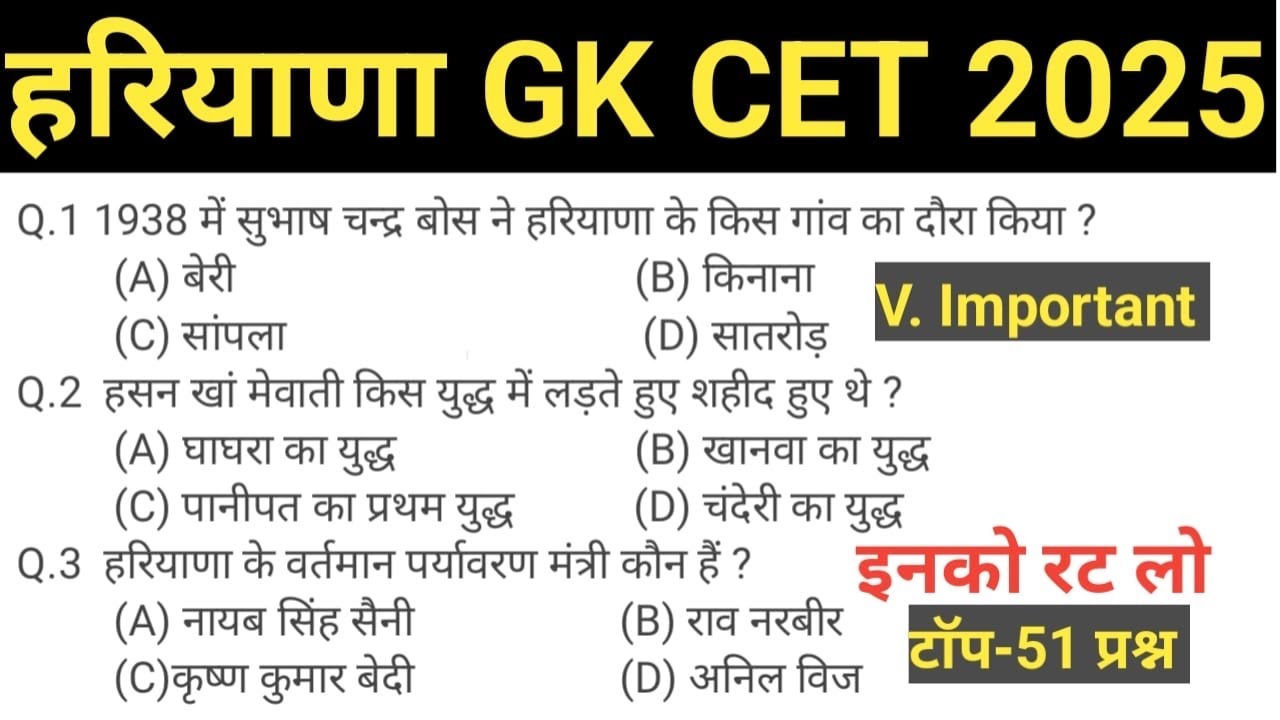हरियाणा GK टॉप 51 प्रश्न | Haryana GK | HSSC CET GK : Haryana GK quiz in Hindi 