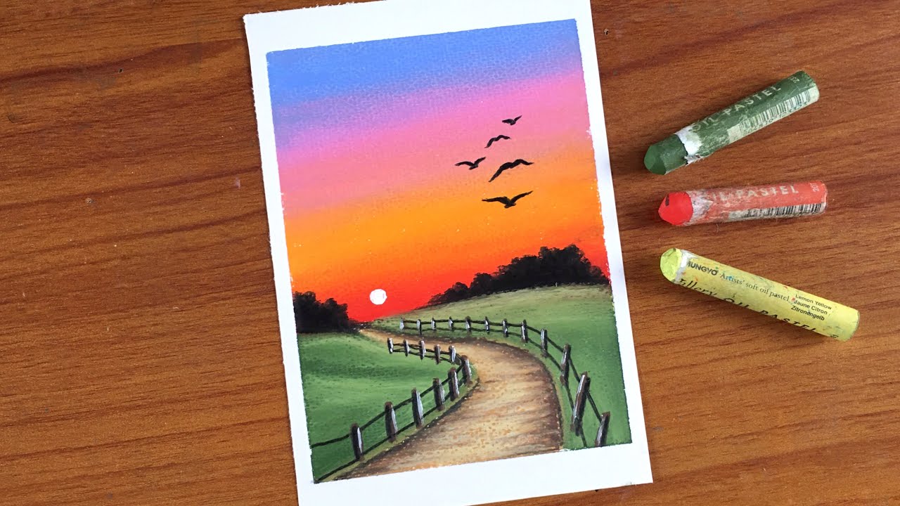 Easy Oil Pastel Sunset Scenery Painting for beginners, PATHWAY IN SUNSET