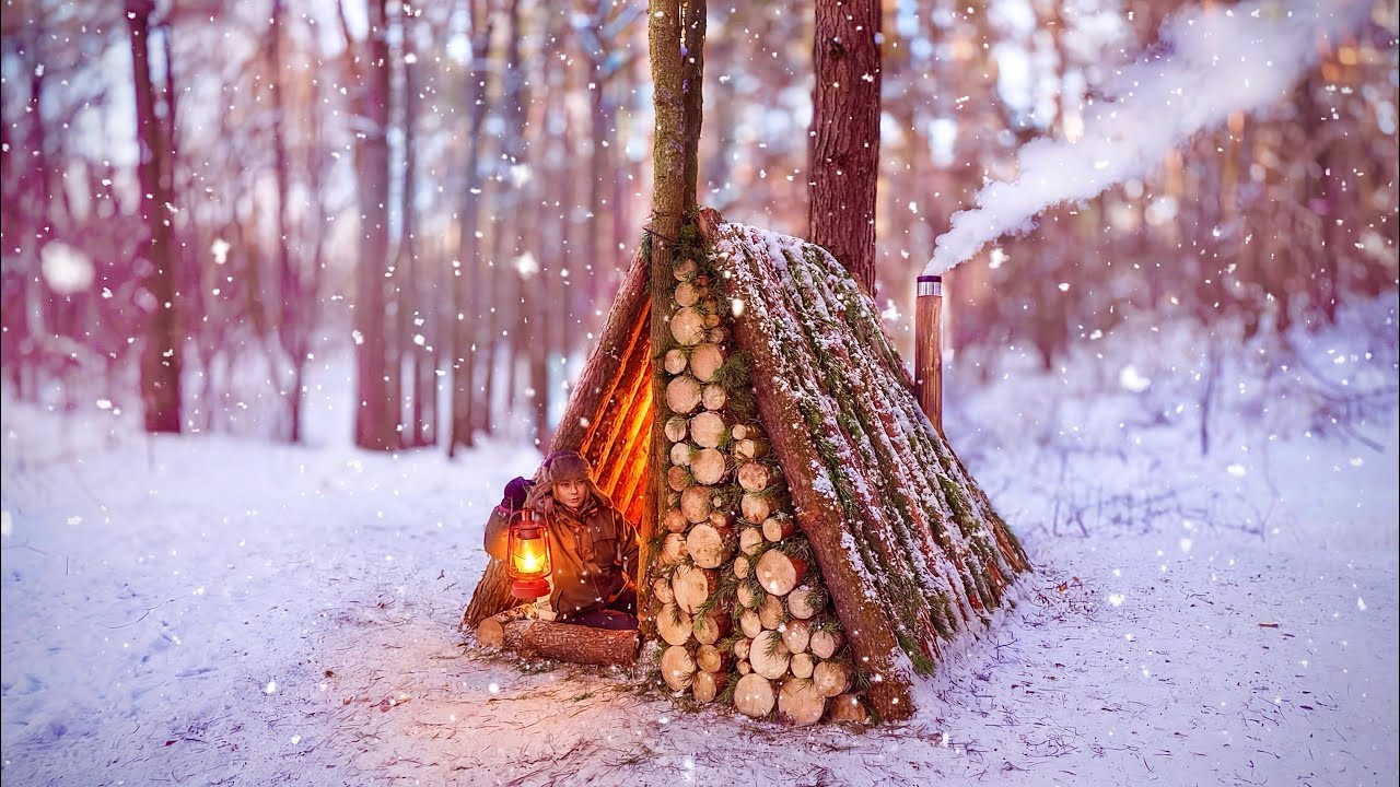 Building a Warm and Cozy Hut for Survival | Log Cabin, Winter Bushcraft, Survival