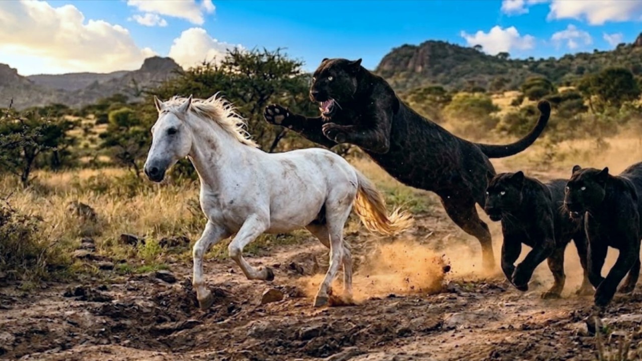 white horse Chased by 3 Giant panther in the Grasslands – Intense Wild Chase