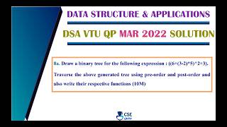 Expression tree with preorder postorder | Q8a | vtu question paper mar 2022 solution | DSA | BCS304