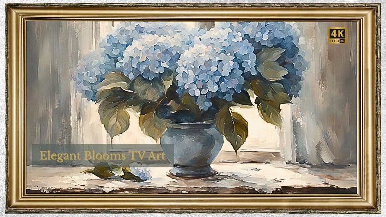 FREE TV ART VINTAGE SCREENSAVER BACKGROUND FRAMED BLUE HYDRANGEA PAINTING NO SOUND WALLPAPER 4K