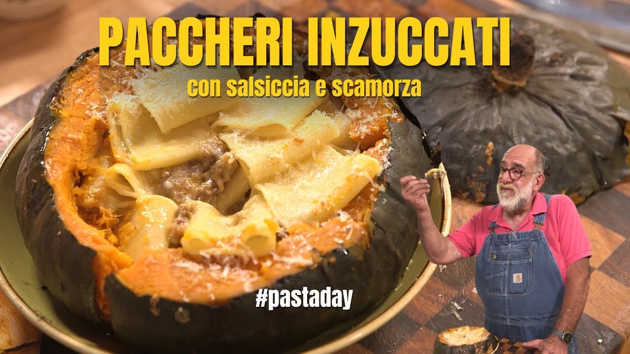 Zucca al forno ripiena di paccheri, salsiccia e scamorza - La ricetta di Giorgione per il Pasta Day