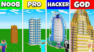 Minecraft Battle: NOOB vs PRO vs HACKER vs GOD: HOTEL SKYSCRAPER HOUSE BUILD CHALLENGE / Animation