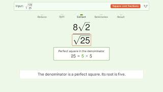 Simplify sqrt(128/25) - Square Root of a Fraction | Tiger Algebra Solver